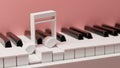 Pink piano with keyboard close up and music note on top, Music instrument