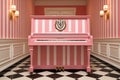 A pink piano in a room with a black and white checkered floor. Generative AI image.