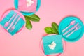 Pink picnic set with contrast pink and cyan colours paper plates