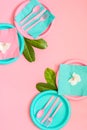Pink picnic set with contrast pink and cyan colours paper plates