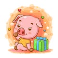 The pink pig cartoon sits near the gift