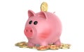 Pink pig piggy bank, with coin falling into slot, on pile of coins. 3d render, isolated on white background. Royalty Free Stock Photo