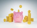 Pink pig piggy bank 3D render with gold coins US money. on a white background Royalty Free Stock Photo