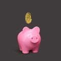 Pink pig piggy bank on dark background. Money creative business concept. Realistic 3d design gold coins. Safe finance investment Royalty Free Stock Photo