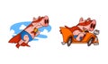 Pink Pig in Red Superhero Cloak and Mask Driving Car and Flying Vector Set Royalty Free Stock Photo