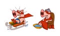 Pink Pig in Red Superhero Cloak and Mask Having Fever Warming in Basin and Sleighing Vector Set