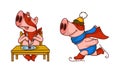 Pink Pig in Red Superhero Cloak and Mask Ice Skating and at Table Ready to Eat Vector Set