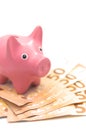 A pink pig-shaped piggy bank on a good amount of euro bills Royalty Free Stock Photo