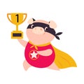 Pink Pig Superhero Character in Eye Mask and Cloak Holding Golden Cup Vector Illustration Royalty Free Stock Photo
