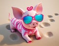 Pink pig swims in the sea, skis and lies on the beach