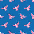 Pink Pigeon Seamless pattern. Pink bird is flying in blue sky ba