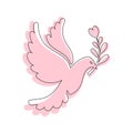 Pink pigeon silhouette, dove of peace with olive branch. Vector hand drawn illustration for world peace