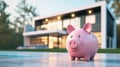 Pink piggy bank against the backdrop of an expensive villa. Real estate purchase and insurance concept