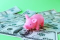 Pink piggy bank, against the background of dollar bills Royalty Free Stock Photo