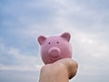 Pink piggy bank on the blue sky with cloud background, Saving money for future plan and retirement fund concept Royalty Free Stock Photo