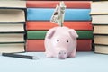 Pink Piggy Bank With Books And Money On Wooden Background. Concept Of Funding Education.