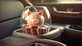 Pink piggy bank in the car interior. The concept of purchasing, credit, leasing or car insurance