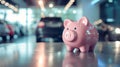 Pink piggy bank in a car showroom against the background of cars. Car leasing or loan concept Royalty Free Stock Photo