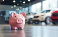 Pink piggy bank in a car showroom against the background of cars. Car leasing or loan concept Royalty Free Stock Photo