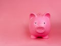 Pink piggy bank ceramic money toy with copy space on pink background