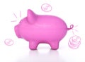 Pink piggy bank, ceramic shiny, isolated on white with carton coins and lines, 3d render Royalty Free Stock Photo