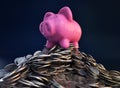 Pink piggy bank, ceramic shiny, on pile of 50 cents USA coins, on dark background, 3d render Royalty Free Stock Photo