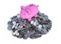 Pink piggy bank, ceramic shiny, on pile of 50 cents USA coins, isolated on white, 3d render Royalty Free Stock Photo