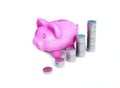 Pink piggy bank, ceramic shiny, with stacks  of 50 cents USA coins, isolated on white, 3d render Royalty Free Stock Photo