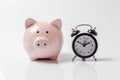 Pink piggy bank and classic alarm clock isolated on white background Royalty Free Stock Photo