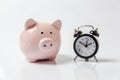 Pink piggy bank and classic alarm clock isolated on white background Royalty Free Stock Photo