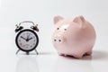 Pink piggy bank and classic alarm clock isolated on white background Royalty Free Stock Photo