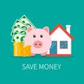 pink piggy bank with coin and home. Save money to buy a house. Home investment loan. vector illustration in flat style modern Royalty Free Stock Photo