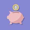 Pink piggy piggy bank and coin or money. A way to save savings. Concept illustration of a bank. Flat vector illustration Royalty Free Stock Photo