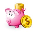 Pink piggy bank with coins
