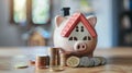 Pink piggy bank, coins and house, financial investment and money saving concept. Royalty Free Stock Photo