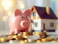 Pink piggy bank, coins and house, financial investment and money saving concept. Royalty Free Stock Photo