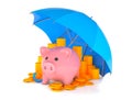 Pink piggy bank with coins under a blue umbrella on an isolated white background. Insurance or savings protection Royalty Free Stock Photo