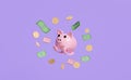 Pink piggy bank with credit card,coin,banknote isolated on purple background.saving money concept,3d illustration,3d render Royalty Free Stock Photo