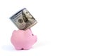 Pink piggy bank, dollars on a white background. savings concept, fundraising Royalty Free Stock Photo