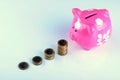 Pink piggy bank with euro coins, soft shadows