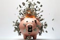 Pink piggy bank exploding cash