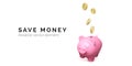 Pink piggy bank with falling gold coin. Money savings concept. 3D realistic pretty pig