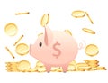 Pink piggy bank with falling gold coin rain of coins vector illustration on white background Royalty Free Stock Photo