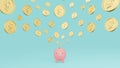Pink piggy bank and falling gold coins with dollar sign with cyan background. Concept of saving money. 3d render illustration Royalty Free Stock Photo