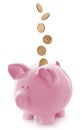 Pink Piggy Bank with Falling Gold Coins Royalty Free Stock Photo