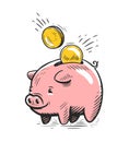 Pink piggy bank with falling gold coins. Money concept Royalty Free Stock Photo