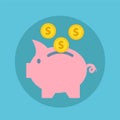 Pink piggy bank with falling golden coins, flat icon vector illustration Royalty Free Stock Photo