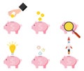 Pink piggy bank with falling golden coins, idea, time and startup. Pig piggy bank with coins vector illustration in flat style. Royalty Free Stock Photo
