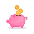 Pink piggy bank with falling golden coins, saving and investing money concept cartoon vector Illustration Royalty Free Stock Photo