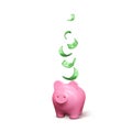 Pink piggy bank with falling green paper dollar. Finance investment banner isolated. Save money concept Royalty Free Stock Photo